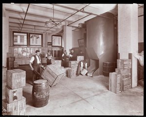 Men working with crates in the shipping department of Parke, Davis und Co., chemists, Hudson und Vestry Streets, New York, 1910